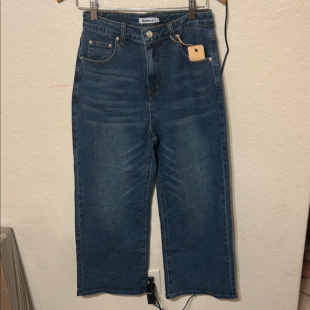 🎟️GENLECK size 6 NWT Wide Leg High-Rise Jeans in Dark Blue stretch capri baggy - Picture 3 of 9